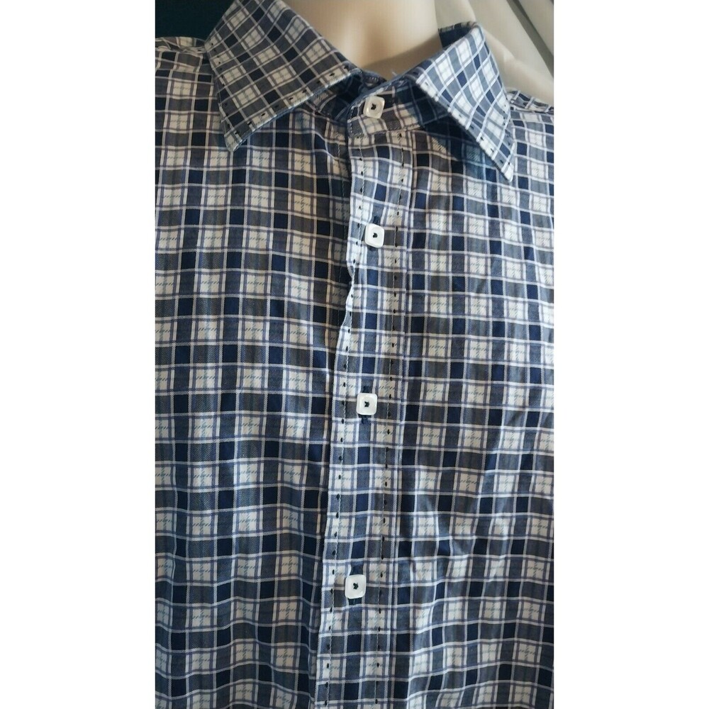 Bugatchi Shirt Mens XXL Shaped Fit Blue Check Casual Luxury Formal Business